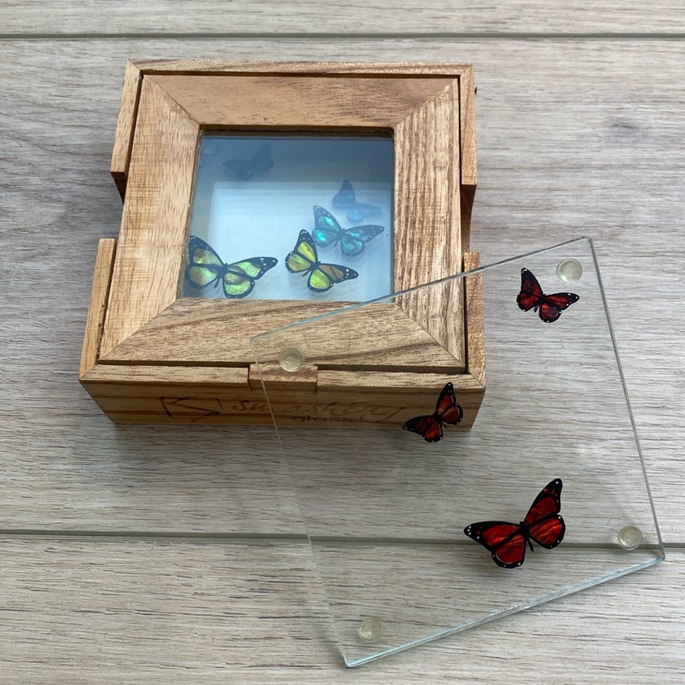 Smashing Glass NZ Abalone Butterfly Glass Coasters Modern Boho Chic With Box - Picture 2 of 10